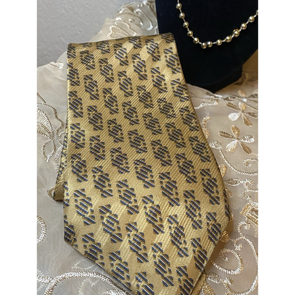 100% Silk Textured Geometric Gold & Blue Wide Tie Italy